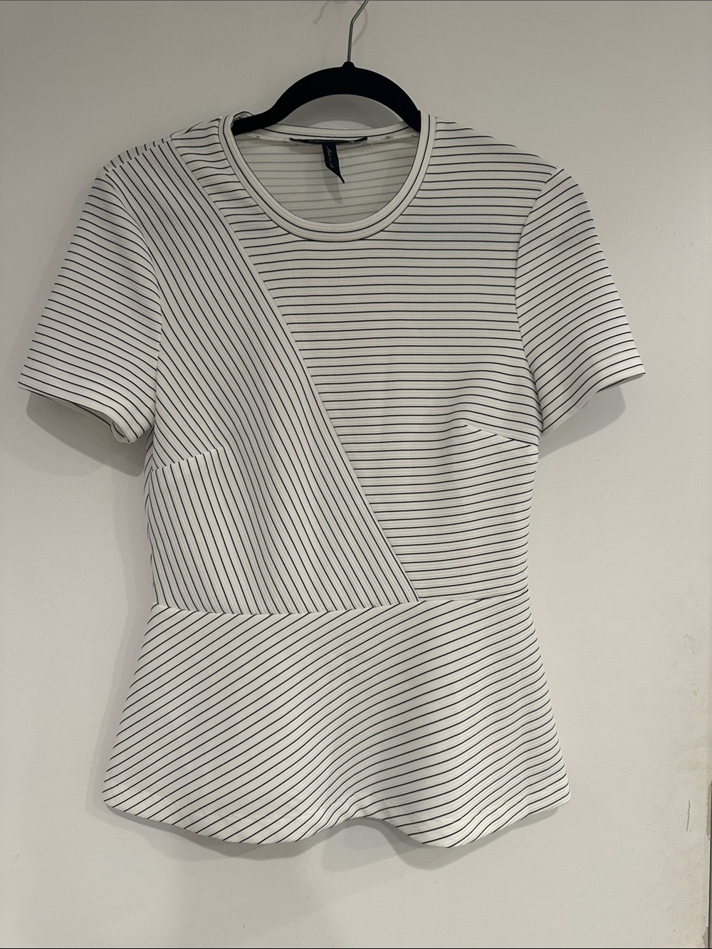 BCBGMaxAzria Striped White and Black Peplum Short Sleeve Top, size S.